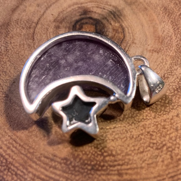925 Sterling Purple Worry Stone Crescent Moon Black Moonstone Star Pendant - Picture 2 of 2